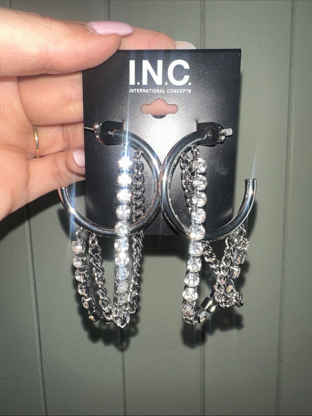 INC International Concepts Silver Hoop Earrings with Rhinestone & Chain Layers